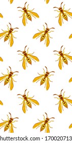 Wasp insect vertical seamless wallpaper. Dangerous yellow bugs cover on white backdrop. Vector Bumblebee drawing mobile banner. Wild Nature graphic print.