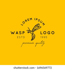 Wasp Logo Design template in a minimalistic linear style on yellow background. Vector Bee Icon. Insect emblem for organic products and cosmetics