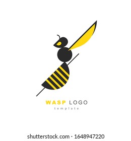 Wasp logo template. Vectpr illustration with black and yellow wasp isolated on white. Bee logo. Stylized natural logotype.