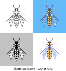 Wasp outline icons set. Hornet signs for logo and web design, branding element vector illustration. Striped dangerous insect in flat style. Black and color wasp pictogram isolated on background.