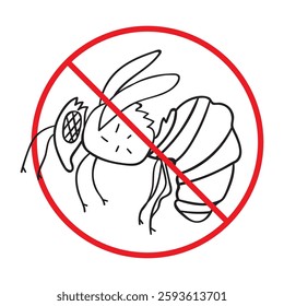 Wasp. Prohibition icon. Outline vector illustration. White background.