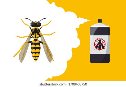 aerosol repelente Wasp. El concepto de banner repelente de insectos. Frasco de pulverización, control de insectos y bichos. Mosca de caricatura