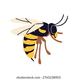 Wasp side view. Hornet icon. Garden insect. Black and yellow striped bug with wings, flying. Small little fauna. Flat vector illustration isolated on white background