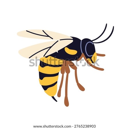 Wasp side view. Hornet icon. Garden insect. Black and yellow striped bug with wings, flying. Small little fauna. Flat vector illustration isolated on white background