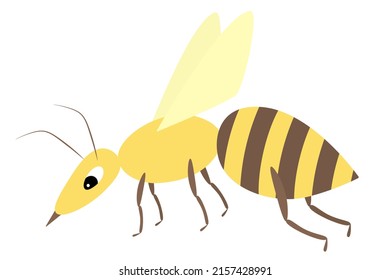 Wasp. A small fly with a stinger and a striped body. Color vector illustration. Insect with yellow wings. Isolated background. Flat style. Festive print. Idea for web design, invitations, postcards.