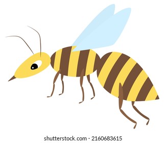 Wasp. A small fly with a stinger and a striped body. Color vector illustration. Insect with blue wings. Isolated background. Flat style. Idea for web design, invitations, postcards.