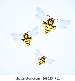 Wasp swarm cartoon illustration isolated on white background. poisonous insect. Yellow wasps. Vector