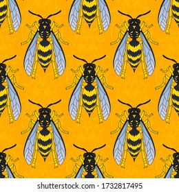 Wasps in black color. Wasp pattern. Seamless vector pattern with insects, symmetrical background with wasps in black color isolated on orange background.