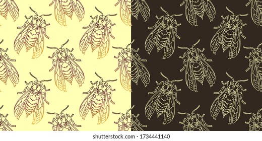 Wasps in black color. Wasp pattern. Seamless vector pattern with insects, symmetrical background with wasps in black color isolated on orange background.
