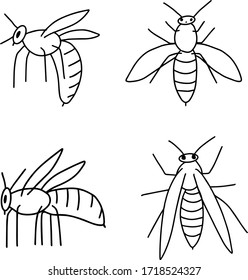 Wasps in different poses. Simple black and white icon, logo. Hand drawn. Vector illustration.