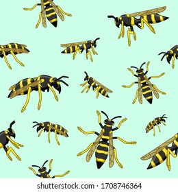 Wasps seamless pattern. Decoration for greeting card, wrapper and textile. Blue background, vector.