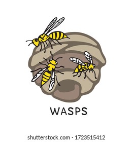 Wasps And Wasp Nest Isolated On White Background. A Stinging Insect. Hand Drawn Style. Design Elements For Flyer, Leaflet, Sticker, Booklet. Vector Illustration.