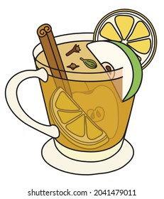 Wassail Hot Apple Cider Traditional Winter Cocktail. Stylish Hand-drawn Doodle Cartoon Style Winter Or Autumn Warm Drink In A Mug Garnished With Apple And Lemon, Cloves, Cardamom And Cinnamon