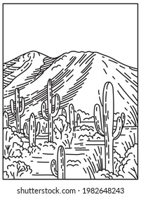 Wasson Peak at Tucson Mountain District in Saguaro National Park Located in Arizona United States Mono Line or Monoline Black and White Line Art