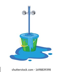 Wastage of water theme. Wastage of water from running tap as bucket is overflow with the water. Wastage of water drop from overflowing bucket and spreading on the floor.