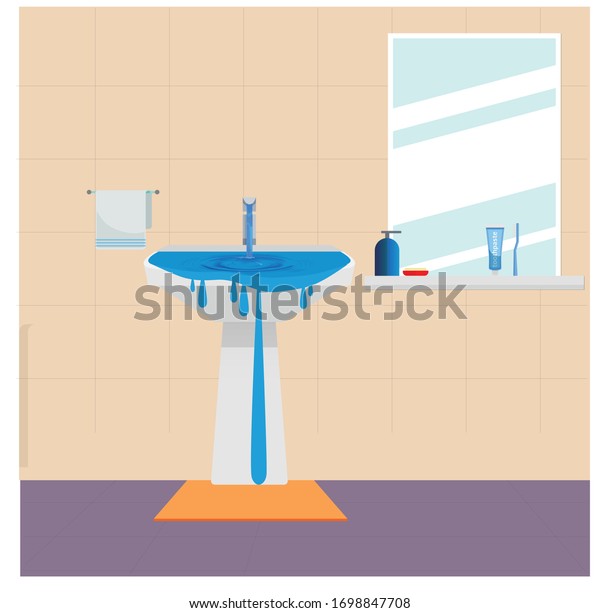 Wastage of water theme.\
Wastage of water from running tap as sink is overflow with the\
water. Wastage of water drop from overflowing sink and spreading on\
the floor.
