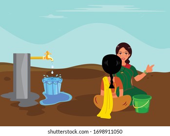 wastage of water in village for lack of awareness. wastage of water by human.water waste social concept for saving water in earth.Two women discussed each other and forget about pouring into bucket.