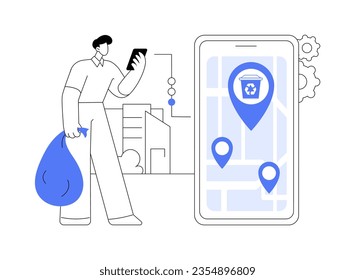 Waste app for citizens abstract concept vector illustration. Man with smartphone looking for a garbage bin to throw away waste using app, ecology industry, smart city abstract metaphor.