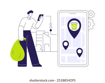 App de residuos para ciudadanos concepto abstracto Ilustración vectorial. Hombre con teléfono inteligente en busca de un cubo de basura para tirar los residuos utilizando App, industria de la ecología, metáfora abstracta de la ciudad inteligente.