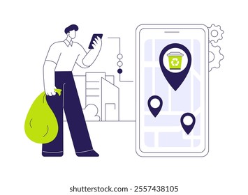 Waste app for citizens abstract concept vector illustration. Man with smartphone looking for a trash bin to throw away waste using app, Internet of Things, modern technology abstract metaphor.