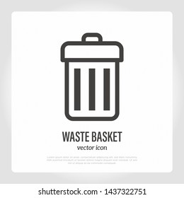 Waste basket thin line icon. Empty bin basic sign. Vector illustration.
