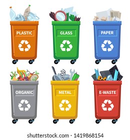 Waste Bin Categories. Trash Recycle, Separating Garbage Containers. Organic Paper Plastic Glass Metal Mixed Waste Vector Separation Chart