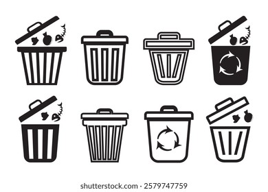 Waste bin icon set on white background. Trash or Rubbish bin icon in flate style. Containing recycling, waste management in Silhouette Style. Delete icon, vector illustration.
