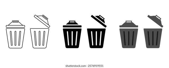 Waste Bin Icon Set – Open and Closed Lid Variations, Clean Vector Illustration Isolated on White Background for Eco-Friendly, Recycling, and Waste Management Projects