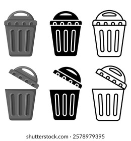 Waste Bin Icon Set – Open and Closed Lid Variations, Clean Vector Illustration Isolated on White Background for Eco-Friendly, Recycling, and Waste Management Projects