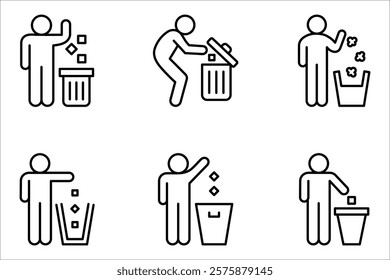 Waste Bin icon set, Throw garbage. Tidy man. Symbol keep clean. vector illustration on white background