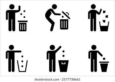 Waste Bin icon set, Throw garbage. Tidy man. Symbol keep clean. vector illustration on white background