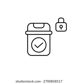 Cubo de basura y cerradura. Gestión segura del reciclaje y la eliminación de basura. Icono de Vector de trazo perfecto y editable