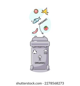 Waste bin for organic. Vector grey dustbin for organic food recycling. Isolated garbage container icon in cartoon flat style on white background.
