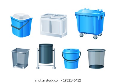 Waste bins, basket, trash can and dustbin set. Metal plastic garbage containers. Waste bins with lids, bucket with pedal, office baskets, urns, garbage bags, containers. Waste sorting recycling vector