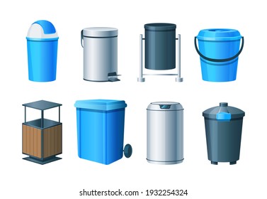 Waste bins, basket, trash can and dustbin set. Metal, wood and plastic garbage containers. Waste bins with lids, bucket with pedal, office baskets, urns, garbage bags, sorting containers vector