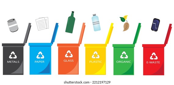 Waste bins with different color. Different colors recycle waste bins.  Rubbish bins for six different types of waste.