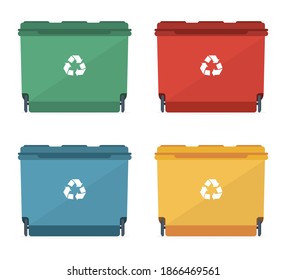 Waste bins of different sizes and different colors with a recycling sign. Vector illustration.