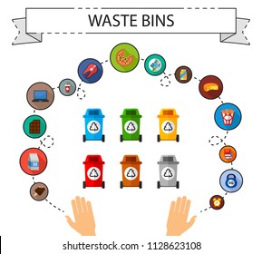 Waste bins flat icons concept. Vector illustration. Element template for design.