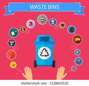 Waste bins flat icons concept. Vector illustration. Element template for design.