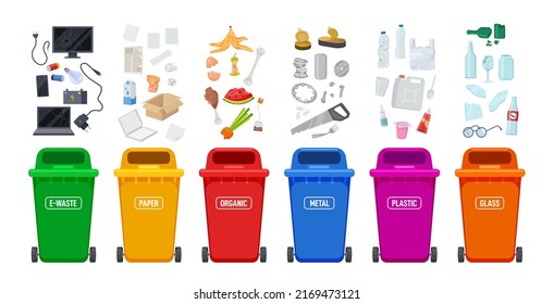 Waste bins. Recycle bin and rubbish, plastic colorful containers for trash sort. Different type objects, sorting paper, metal, glass exact vector set