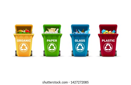 Waste bins, waste sorting, organic plastic glass and paper, a set of colored containers. Vector illustration