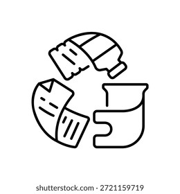 Botella de residuos de plástico y forma de papel de reciclaje de la línea de signos de estilo de iconos aislados de fondo blanco