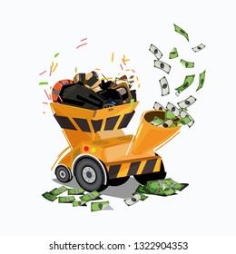 waste in chipper machine turning money. money from waste. recycle - vector illustration