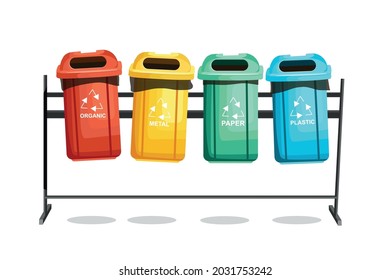 Waste collection bins. Sorting garbage by different types. Vector illustration from a cartoon.