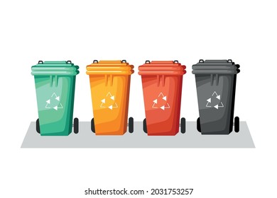 Cubos de recogida de residuos. Ordenar la basura por tipos diferentes. Ilustración vectorial de una caricatura.