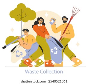 Conceito de recolha de resíduos. Equipe de pessoas se engajando na reciclagem para proteger o meio ambiente. Limpeza comunitária, mentalidade ecológica. Ilustração vetorial.