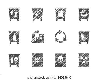 Waste collection and disposal, flat icons, monochrome, pencil hatching, vector. Garbage collection, different types of waste. Gray icons on white background. Imitation of pencil hatching. 