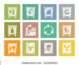 Waste collection and disposal, flat icons, colored, square, pencil hatching, vector. Garbage collection, different types of waste. White icons on a colored background. Imitation of pencil hatching.  