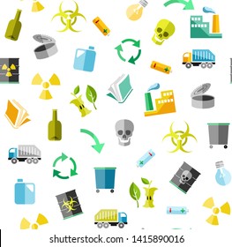 Waste collection and disposal, seamless pattern, white, color, vector. Garbage collection, different types of waste. Vector, seamless background. Colored, flat icons on white background. 