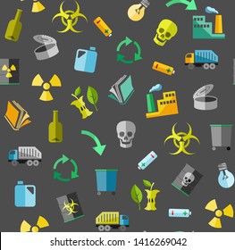 Waste collection and disposal, seamless pattern, gray, color, vector. Garbage collection, different types of waste. Vector, seamless background. Colored, flat icons on a gray background.  